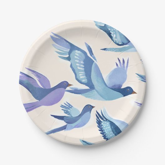 Blaue Vögel fliegen | Moderne Aquarellmalerei Pappteller (Vorderseite)