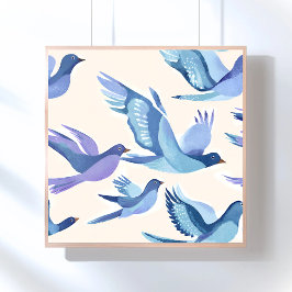 Blaue Vögel fliegen | Moderne Wasserfarbe Poster