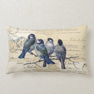 Blaue Vögel Französische Postkarten Kissen