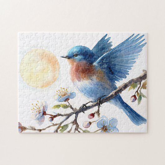 Blaue Vogel-Frühlingsblüten-Vogel-Kunst Puzzle (Horizontal)