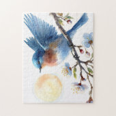 Blaue Vogel-Frühlingsblüten-Vogel-Kunst Puzzle (Vertikal)