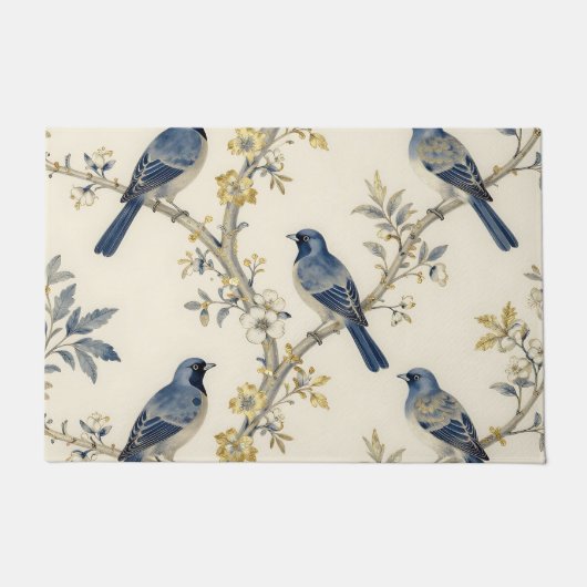 Blaue Vögel Goldenes Blütenmuster Fußmatte (Vorderseite)