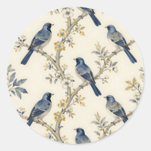 Blaue Vögel Goldenes Blütenmuster Runder Aufkleber