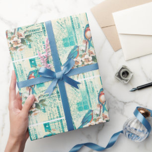Blaue Vögel im Vintage-Stil auf französischem Ephe Geschenkpapier