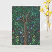 "Blaue Vögel in einem mittelalterlichen Baum."  Gr Karte (Gelbe Blume)