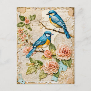 Blaue Vögel mit Rosen Feiertagspostkarte