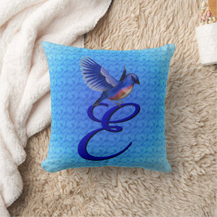 Blaue Vogel-Monogramm Anfangsbuchstabe E Kissen