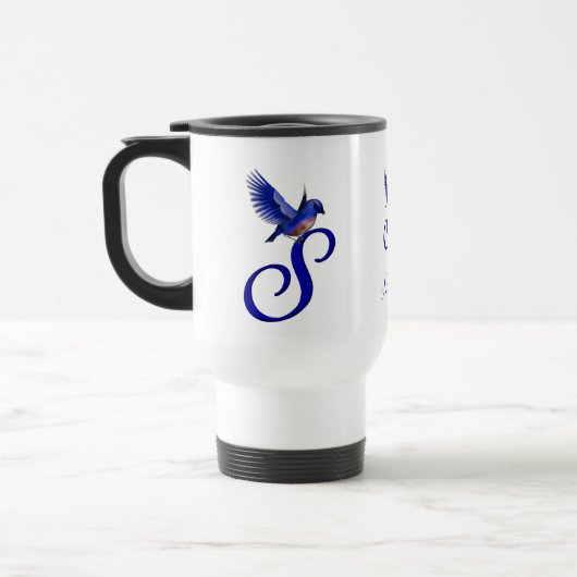 Blaue Vogel-Monogramm Anfangsbuchstabe S Elegant P Reisebecher (Links)