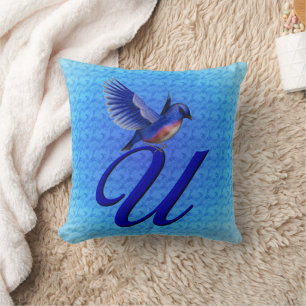 Blaue-Vogel-Monogramm Anfangsbuchstabe U Kissen