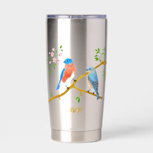 Blaue Vögel Monogramm-Edelstahl Thermobecher