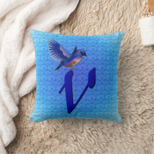 Blaue-Vogel-Monogramm Initial V Kissen