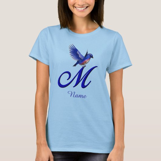 Blaue Vogel-Monogramm-Initiale M Elegant Personali T-Shirt (Vorderseite)