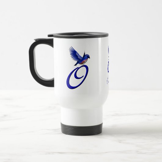 Blaue Vogel-Monogramm-Initiale O Elegant Personali Reisebecher (Links)