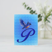 Blaue Vogel-Monogramm Initiale P Elegant Postkarte (Stehend Vorderseite)