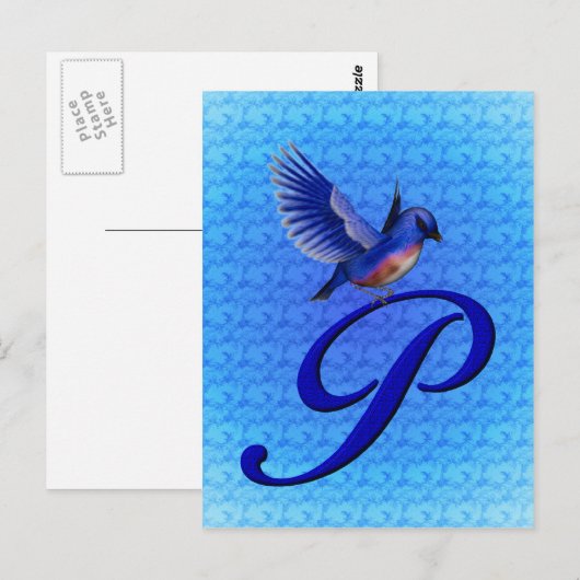 Blaue Vogel-Monogramm Initiale P Elegant Postkarte (Vorne/Hinten)