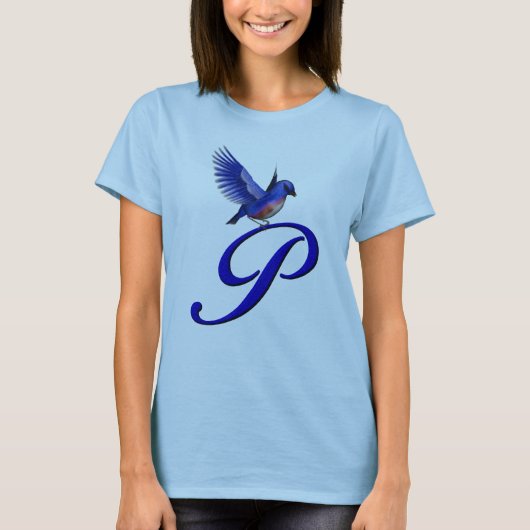 Blaue Vogel-Monogramm-Initiale P Elegant T-Shirt (Vorderseite)