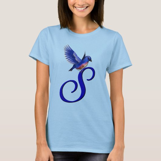 Blaue Vogel-Monogramm Initiale S Elegant T-Shirt (Vorderseite)