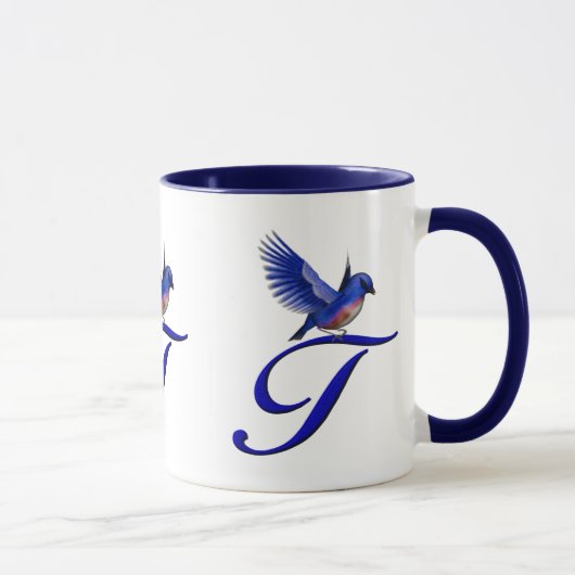 Blaue Vogel-Monogramm-Initiale T Elegant Tasse (Rechts)