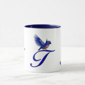 Blaue Vogel-Monogramm-Initiale T Elegant Tasse (Zentrum)