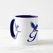 Blaue Vogel-Monogramm-Initiale T Elegant Tasse (Vorderseite Links)