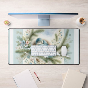 Blaue-Vogel-Nest mit Verzierungen in Winterkiefern Schreibtischunterlage