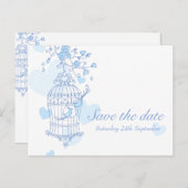 Blaue Vögel öffnen Käfig Hochzeit speichern das Da Ankündigungspostkarte (Vorne/Hinten)