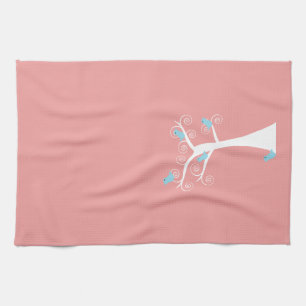 Blaue Vögel Rosa Hintergrund Whimsical Baum Geschirrtuch