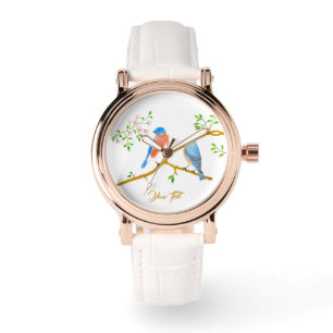 Blaue Vögel Rose Gold Vintage-Uhr mit weißem Armba Armbanduhr