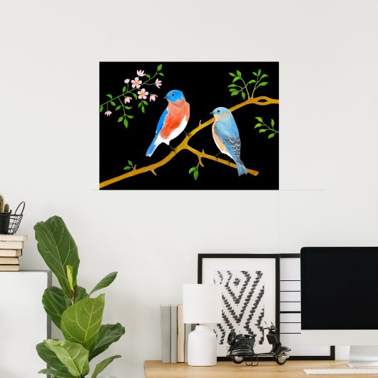 Blaue Vögel Schwarz Poster (Heimbüro)