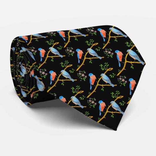 Blaue Vögel schwarze Krawatte (Gerollt)