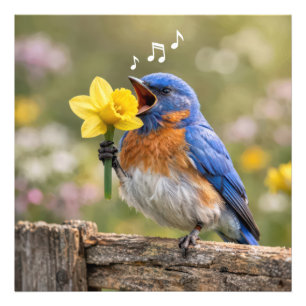 Blaue Vogel singt in eine gelbe Daffodil Fotodruck