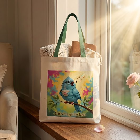 Blaue Vogel-Tragetasche mit Zitat Tragetasche