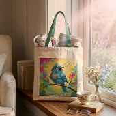 Blaue Vogel-Tragetasche mit Zitat Tragetasche