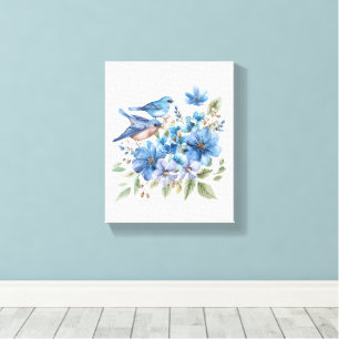 Blaue Vögel und blaue Aquarell-Blumen Botanik Leinwanddruck