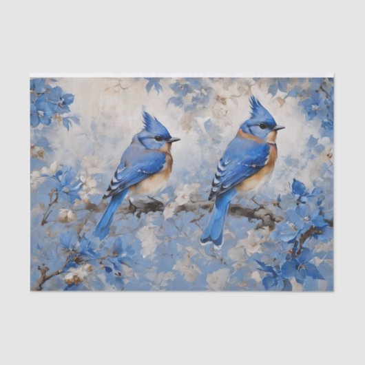 Blaue Vögel und Blüten Dekoupage Tissue Seidenpapier (Vorderseite)