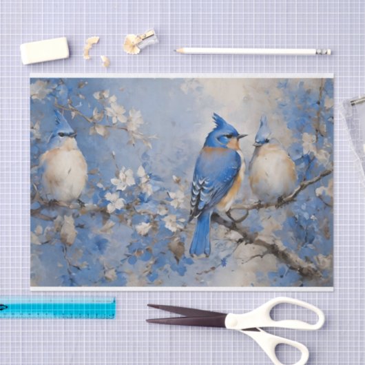 Blaue Vögel und Blüten Dekoupage Tissue Seidenpapier (Handwerk)