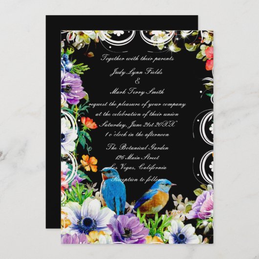 Blaue Vögel und botanische Blüten Einladung (Vorne/Hinten)