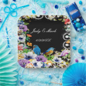 Blaue Vögel und botanische Blüten Pappteller (Party)