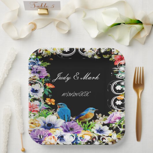 Blaue Vögel und botanische Blüten Pappteller (Hochzeit)