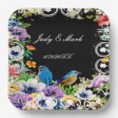 Blaue Vögel und botanische Blüten Pappteller (Vorderseite)