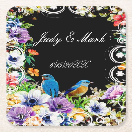 Blaue Vögel und botanische Blüten Rechteckiger Pappuntersetzer (Vorderseite)