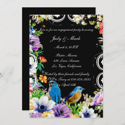 Blaue Vögel und botanische florale Engagement Part Einladung (Vorne/Hinten)