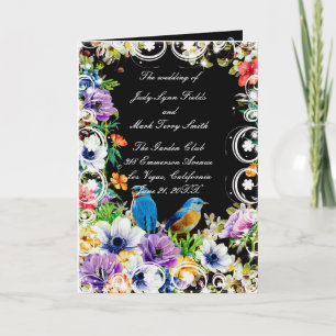 Blaue Vögel und botanisches Blumenhochzeitsprogram Dankeskarte
