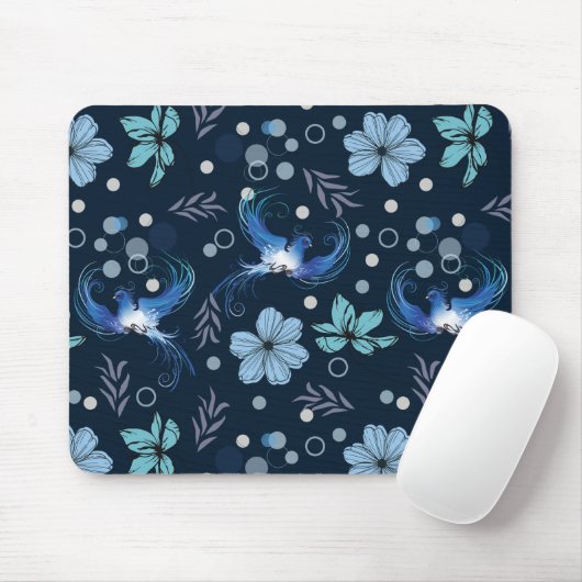 Blaue Vögel und florale Harmonie Nahtloses Muster Mousepad (Mit Mouse)