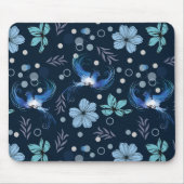 Blaue Vögel und florale Harmonie Nahtloses Muster Mousepad (Vorne)