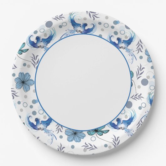 Blaue Vögel und florale Harmonie Nahtloses Muster Pappteller (Vorderseite)