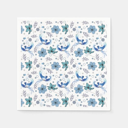 Blaue Vögel und florale Harmonie Nahtloses Muster Serviette (Vorderseite)