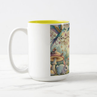 Blaue Vögel und Kaninchen in einem Traumgarten Zweifarbige Tasse