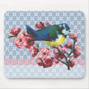 Blaue Vogel-und Kirschblüte Mousepad