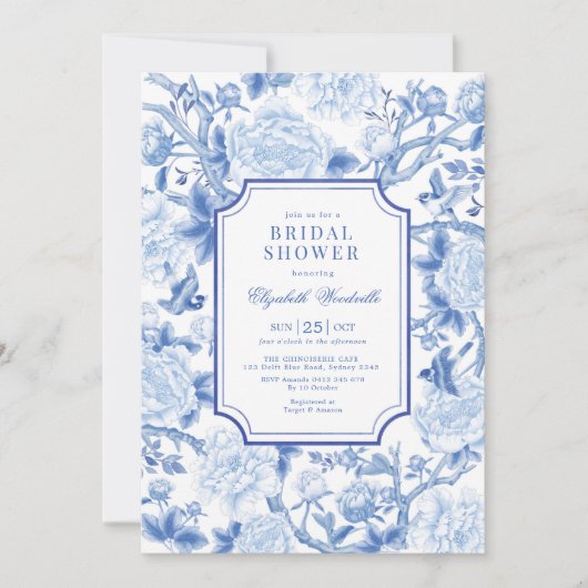 Blaue Vögel und Peonies Chinoiserie Brautparty Einladung (Vorderseite)
